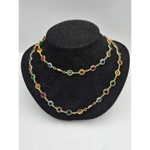 Austrian Crystal Station Necklace Womens OS Multi Color Excellent Gold Tone Long